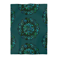 Microfiber Duvet Cover Mandala Art Drawn by Hand - Green Mandala on Dark Petroleum Green background - Blululi