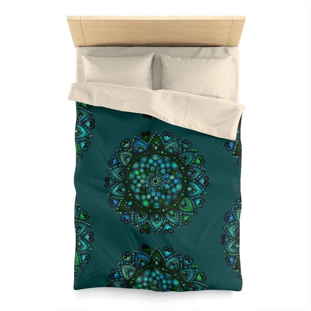 Microfiber Duvet Cover Mandala Art Drawn by Hand - Green Mandala on Dark Petroleum Green background - Blululi