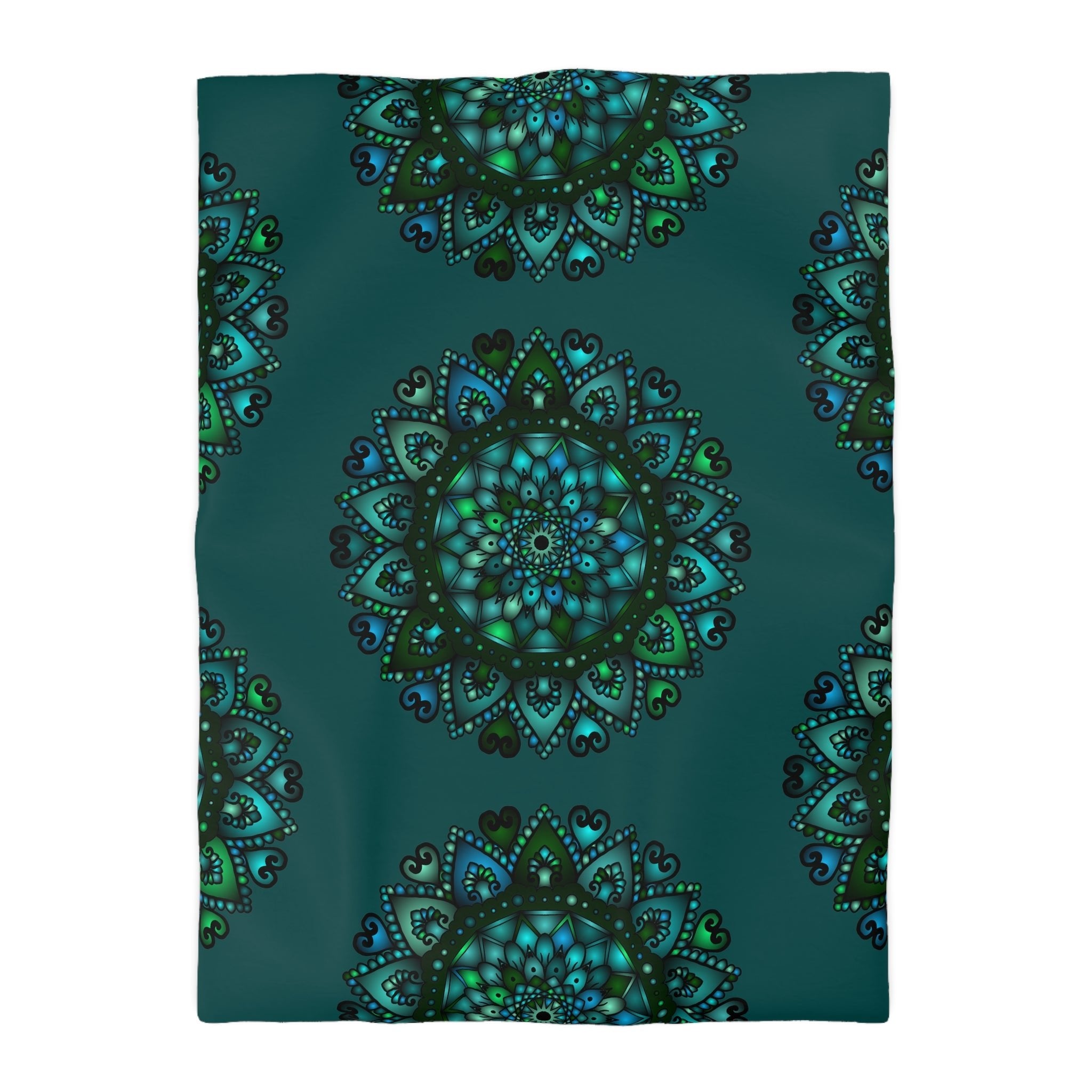 Microfiber Duvet Cover Mandala Art Drawn by Hand - Green Mandala on Dark Petroleum Green background - Blululi