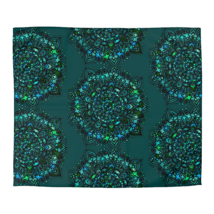 Microfiber Duvet Cover Mandala Art Drawn by Hand - Green Mandala on Dark Petroleum Green background - Blululi