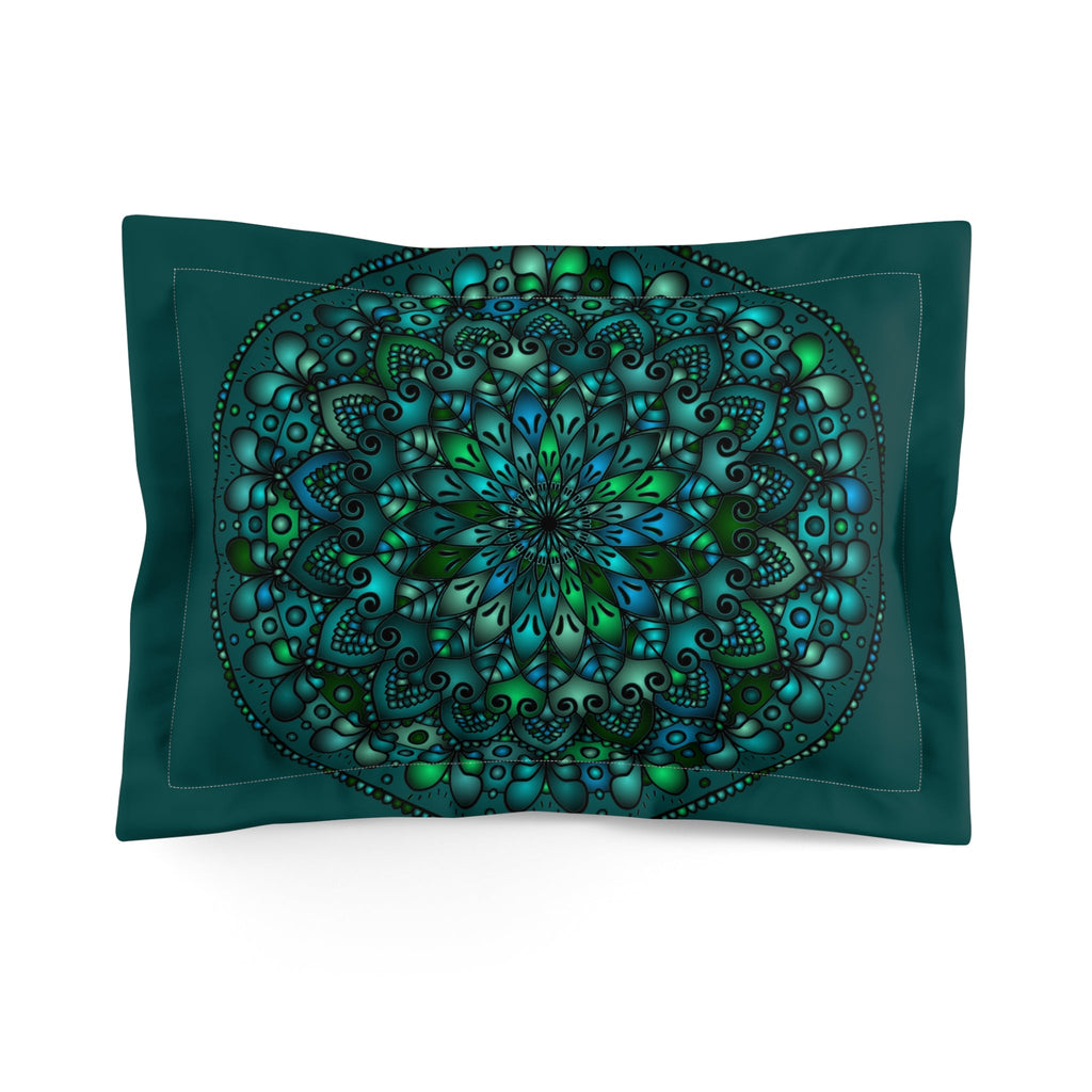 Microfiber Pillow Sham - Green Mandala Art Hand - Drawn on Dark Petroleum Green background - Blululi