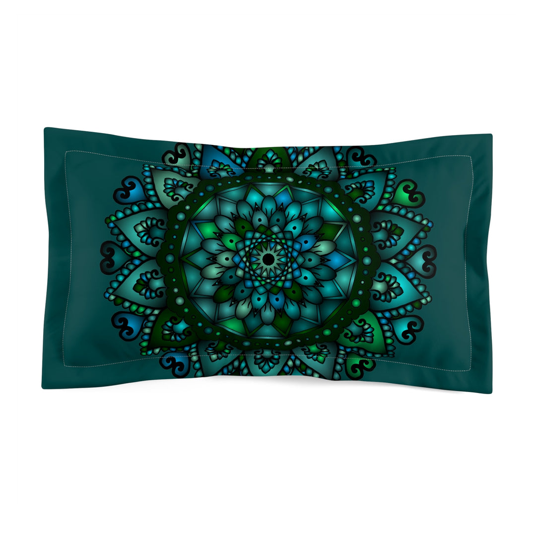 Microfiber Pillow Sham - Green Mandala Art Hand - Drawn on Dark Petroleum Green background - Blululi