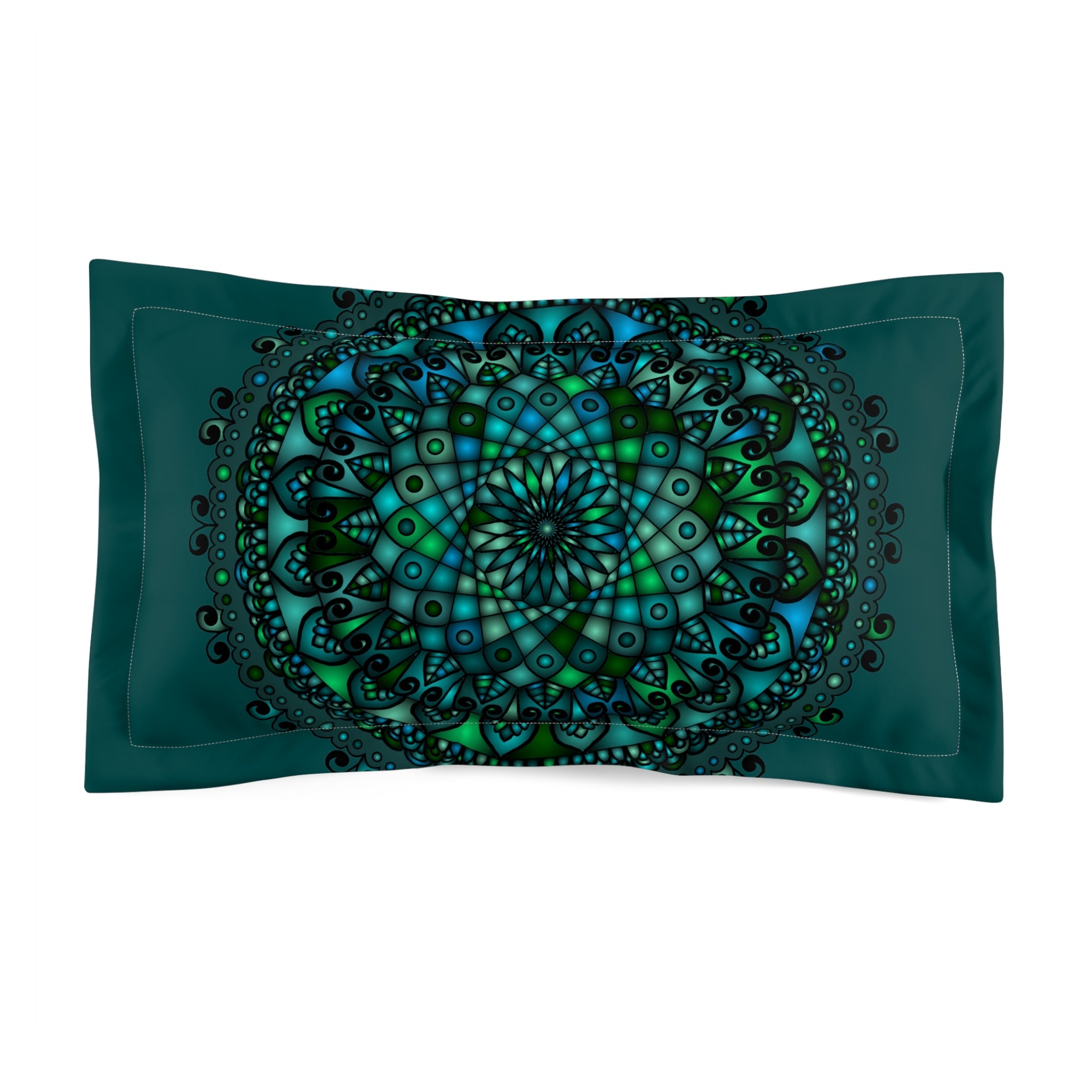 Microfiber Pillow Sham - Green Mandala Art Hand - Drawn on Dark Petroleum Green background - Blululi