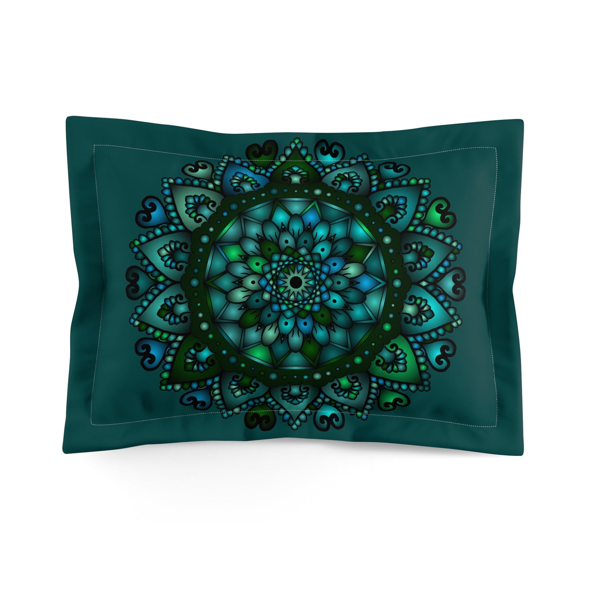 Microfiber Pillow Sham - Green Mandala Art Hand - Drawn on Dark Petroleum Green background - Blululi