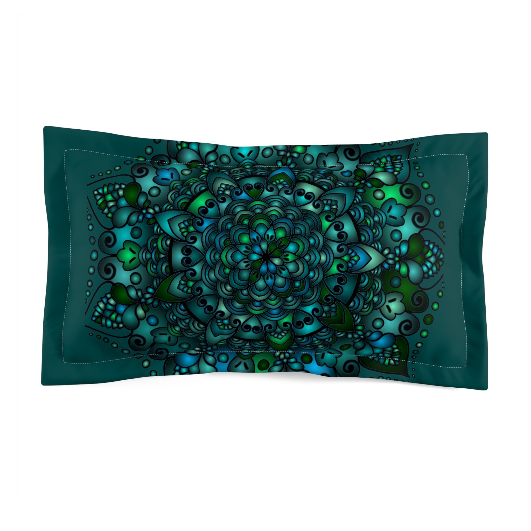 Microfiber Pillow Sham - Green Mandala Art Hand - Drawn on Dark Petroleum Green background - Blululi