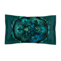 Microfiber Pillow Sham - Green Mandala Art Hand - Drawn on Dark Petroleum Green background - Blululi