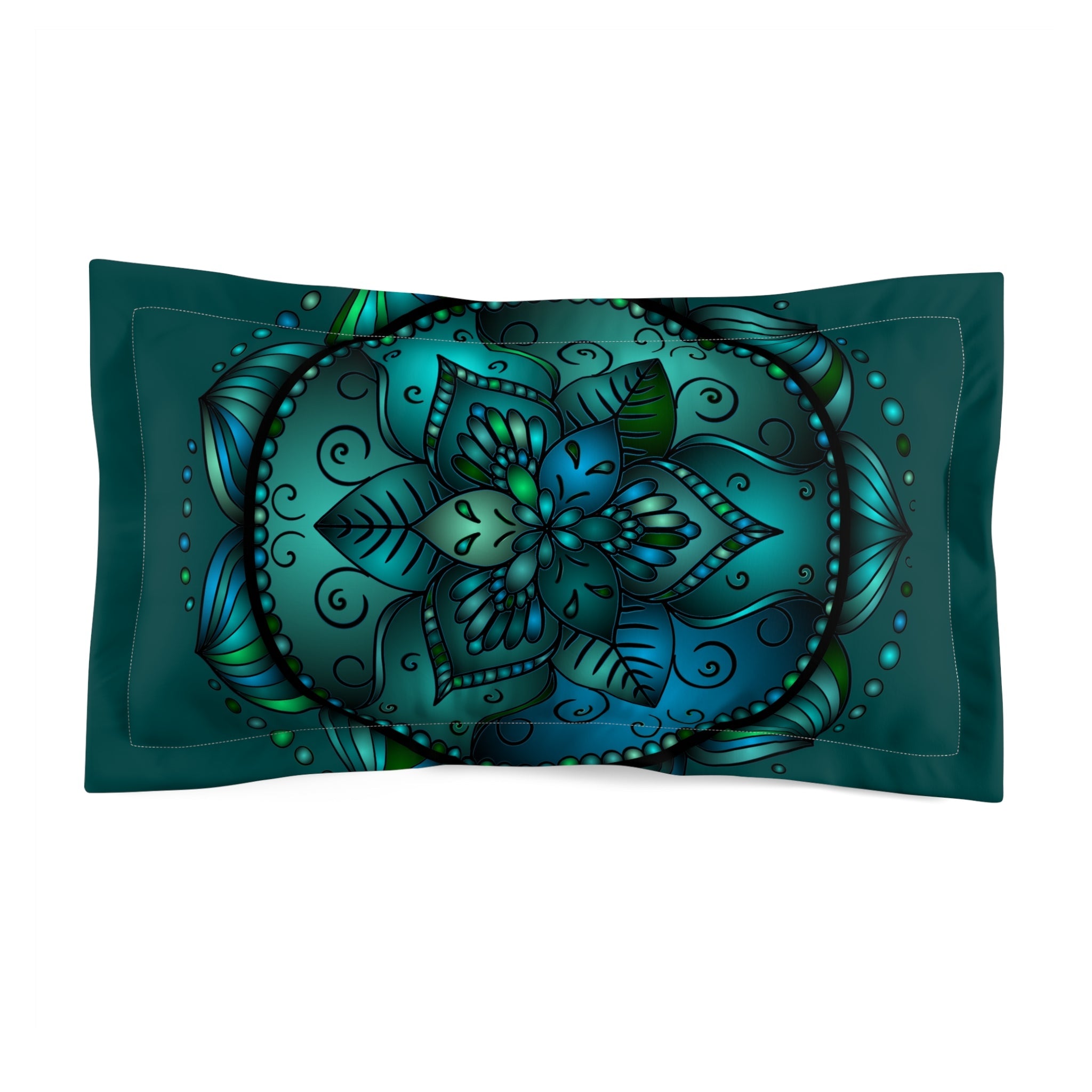 Microfiber Pillow Sham - Green Mandala Art Hand - Drawn on Dark Petroleum Green background - Blululi