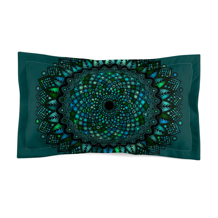 Microfiber Pillow Sham - Green Mandala Art Hand - Drawn on Dark Petroleum Green background - Blululi