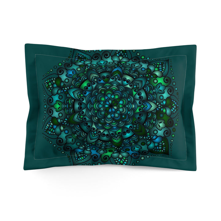 Microfiber Pillow Sham - Green Mandala Art Hand - Drawn on Dark Petroleum Green background - Blululi