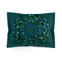 Microfiber Pillow Sham - Green Mandala Art Hand - Drawn on Dark Petroleum Green background - Blululi