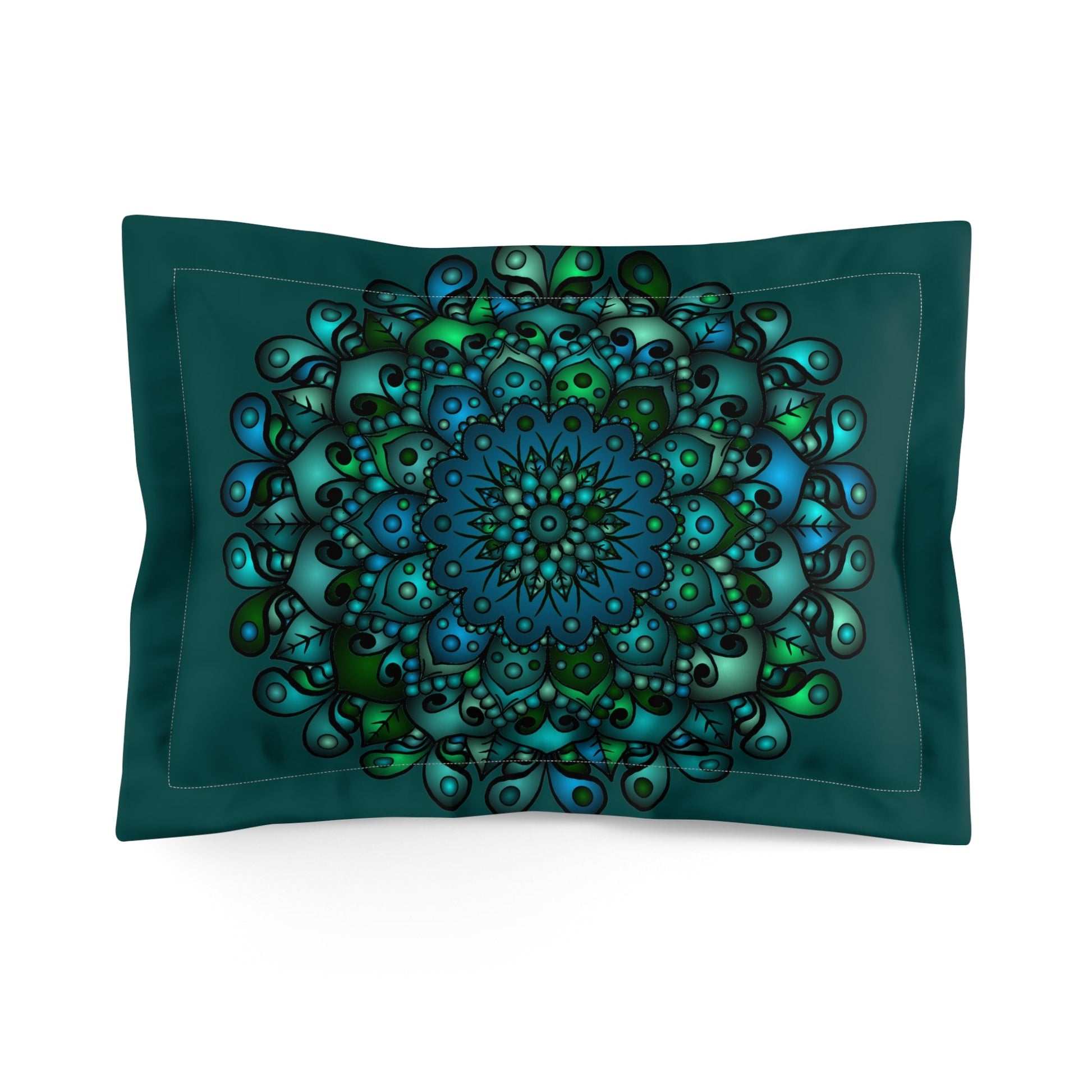 Microfiber Pillow Sham - Green Mandala Art Hand - Drawn on Dark Petroleum Green background - Blululi