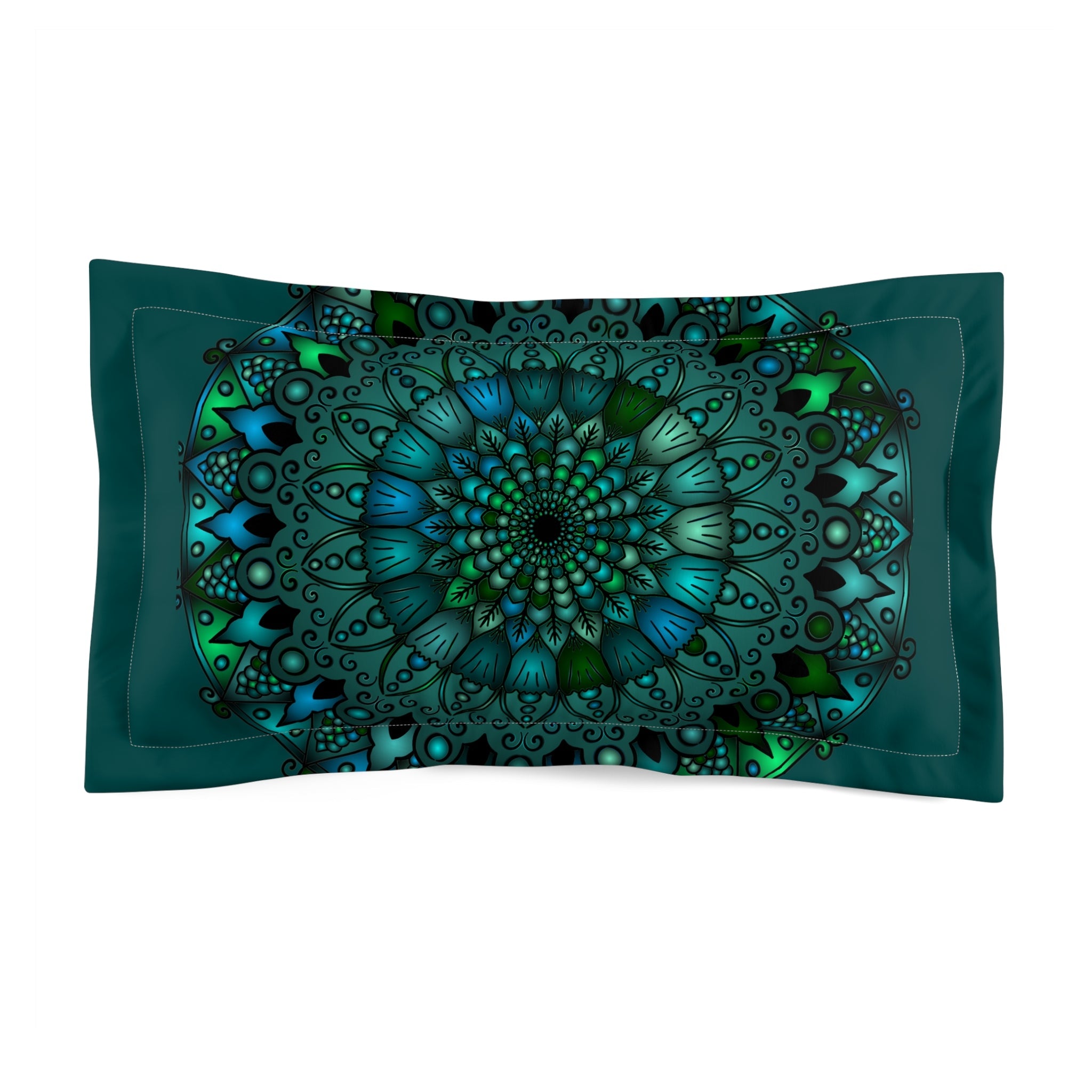 Microfiber Pillow Sham - Green Mandala Art Hand - Drawn on Dark Petroleum Green background - Blululi