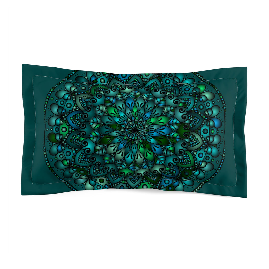 Microfiber Pillow Sham - Green Mandala Art Hand - Drawn on Dark Petroleum Green background - Blululi