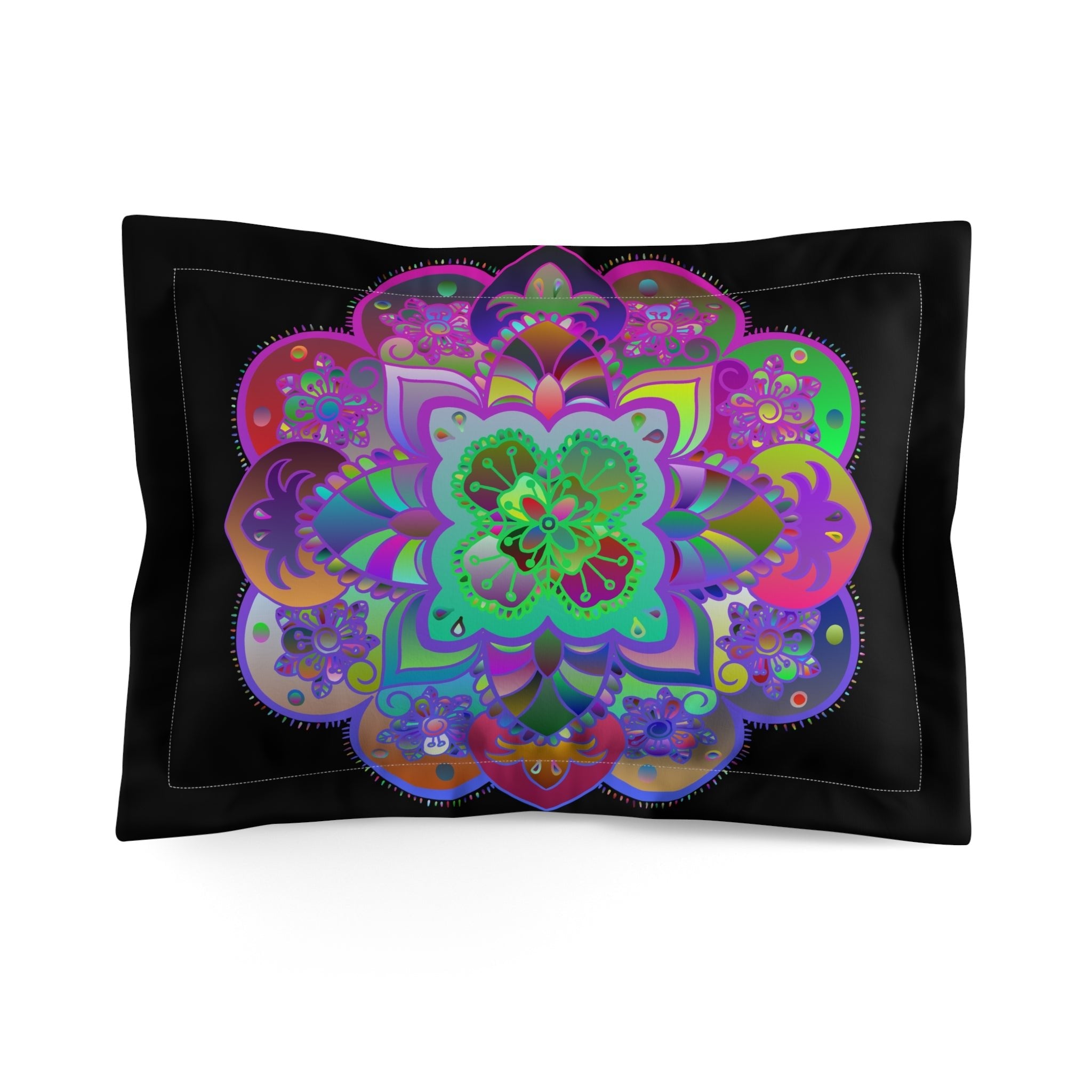 Microfiber Pillow Sham - Mandala Art Hand - Drawn on Black background - Blululi