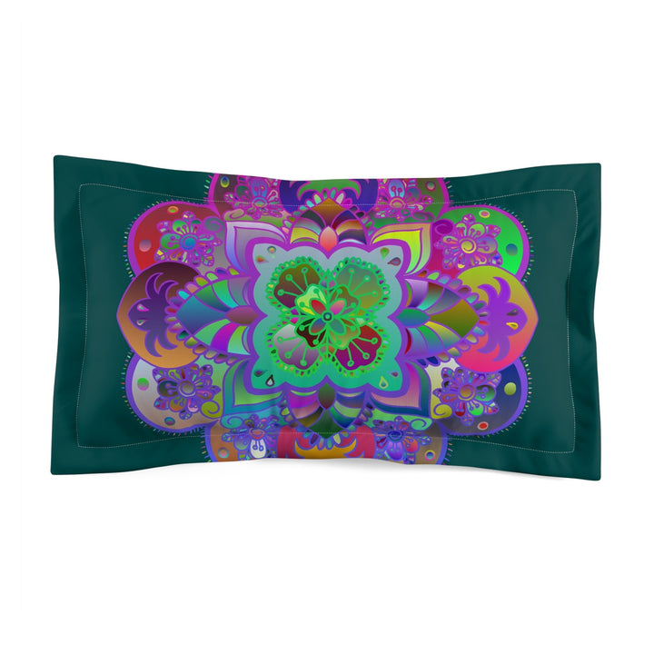 Microfiber Pillow Sham - Mandala Art Hand - Drawn on Dark Petroleum Green background - Blululi