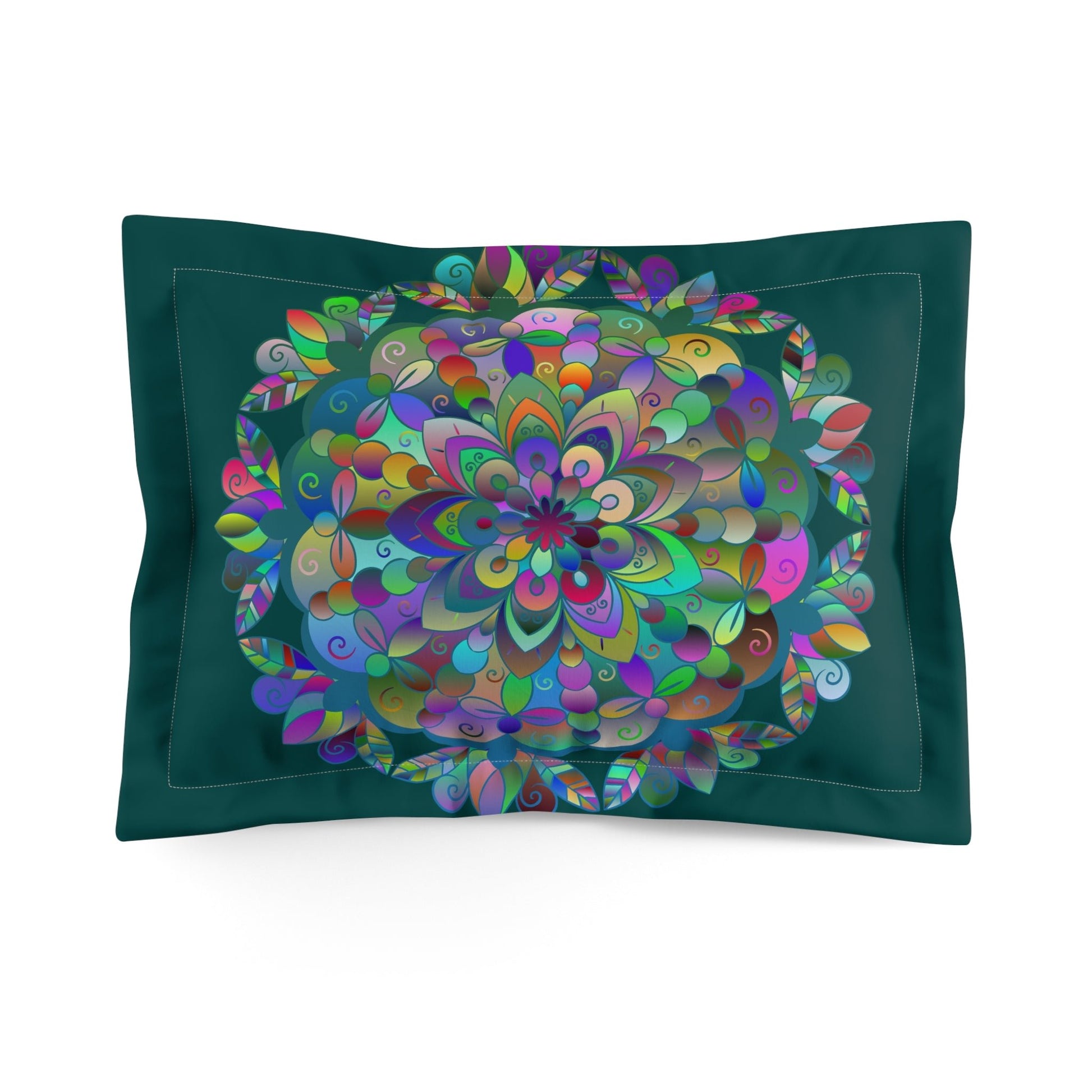 Microfiber Pillow Sham - Mandala Art Hand - Drawn on Dark Petroleum Green background - Blululi