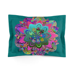 Microfiber Pillow Sham - Mandala Art Hand - Drawn on Petroleum Green background - Blululi