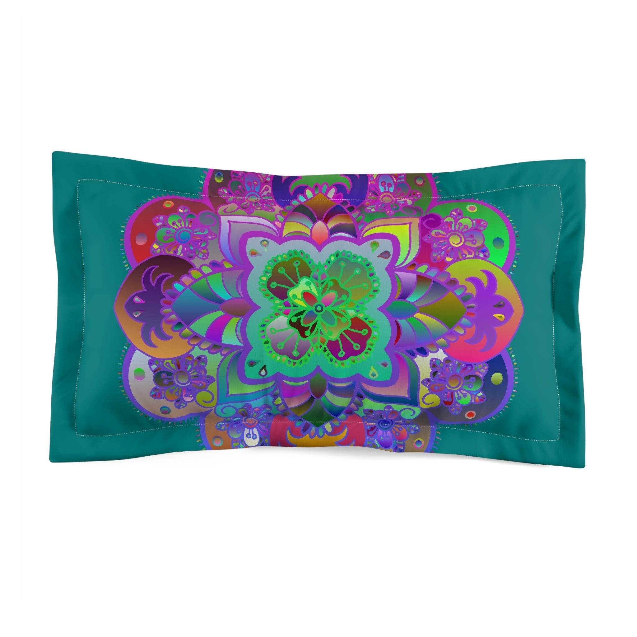 Microfiber Pillow Sham - Mandala Art Hand - Drawn on Petroleum Green background - Blululi