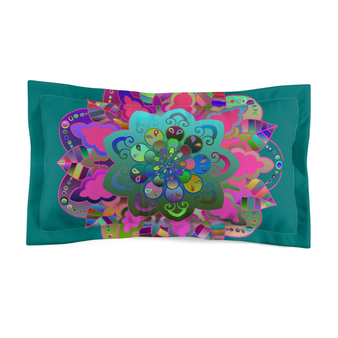 Microfiber Pillow Sham - Mandala Art Hand - Drawn on Petroleum Green background - Blululi