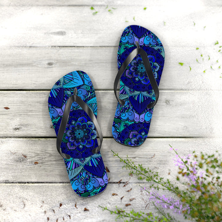 Mystic Mandala Flip Flops - Blue, Purple, Teal Shoes - Blululi