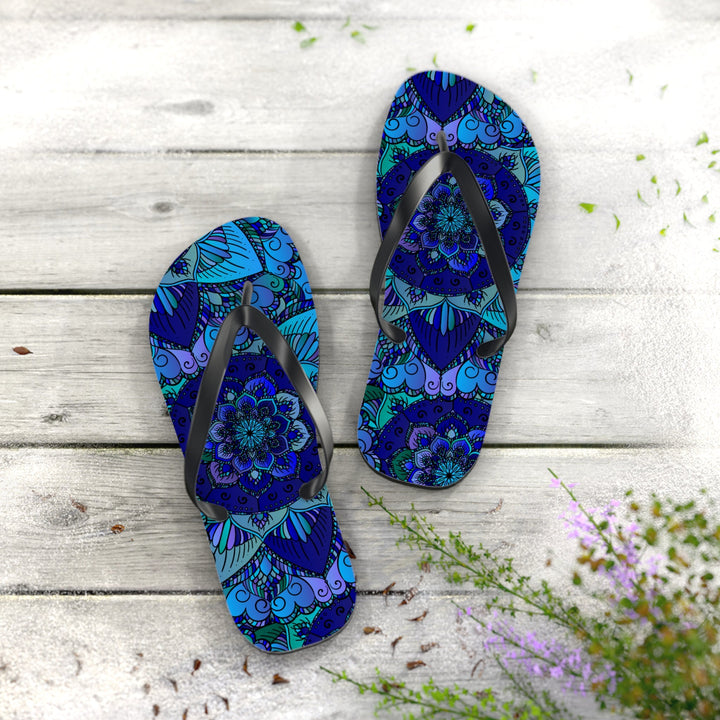 Mystic Mandala Flip Flops - Blue, Purple, Teal Shoes - Blululi