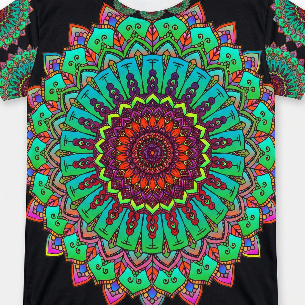 Lifestyle close-up of a Mandala Art T-shirt with bold green and red mandala design, showing a tag-free collar and reinforced double-stitched hem for durability.
