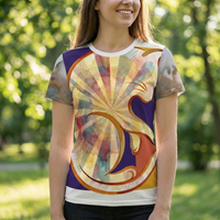 Cream-beige t-shirt featuring the Warm Morning Ritual design; interlocking cat and sunbeam in a double-exposure style. Flatlay lifestyle setup showing the shirt laid flat with soft lighting that highlights the fabric texture.