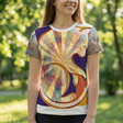 Cream-beige t-shirt featuring the Warm Morning Ritual design; interlocking cat and sunbeam in a double-exposure style. Flatlay lifestyle setup showing the shirt laid flat with soft lighting that highlights the fabric texture.