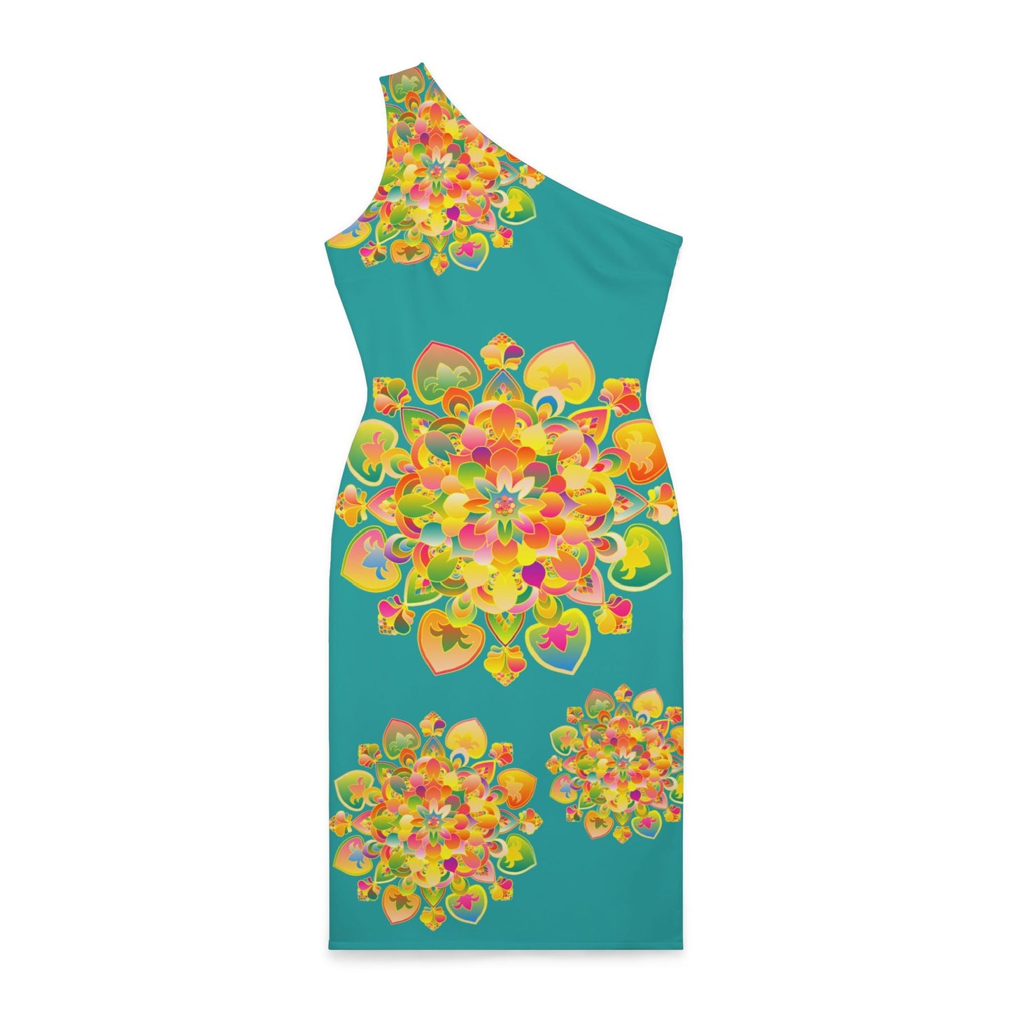 One - Shoulder Dress with Hand - Drawn Mandala Design – Azure with Orange, Green, and Gold Accents - All Over Prints All Over Prints - Blululi