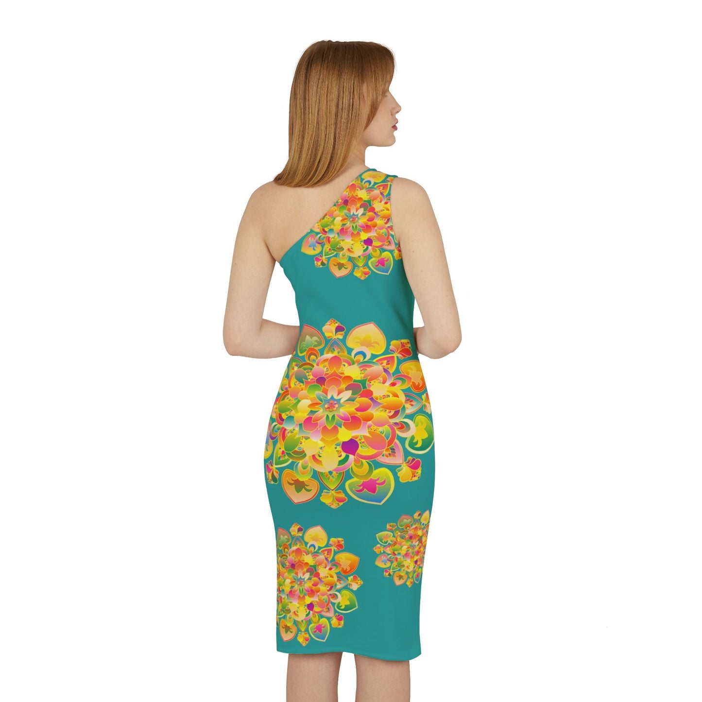 One - Shoulder Dress with Hand - Drawn Mandala Design – Azure with Orange, Green, and Gold Accents - All Over Prints All Over Prints - Blululi