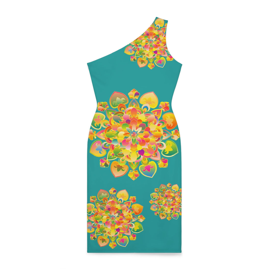 One - Shoulder Dress with Hand - Drawn Mandala Design – Azure with Orange, Green, and Gold Accents - All Over Prints All Over Prints - Blululi