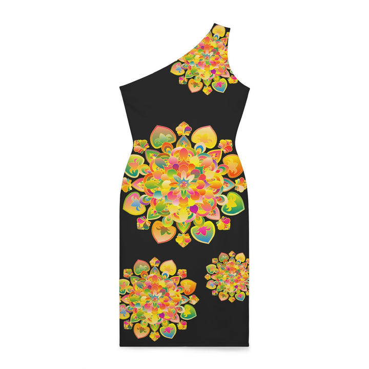 One - Shoulder Dress with Hand - Drawn Mandala Design – Black with Orange, Green, and Gold Accents - Blululi All Over Prints - Blululi