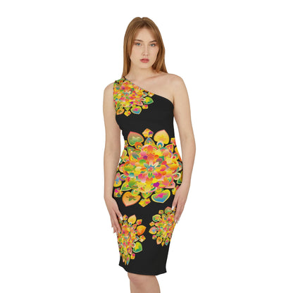 One - Shoulder Dress with Hand - Drawn Mandala Design – Black with Orange, Green, and Gold Accents - Blululi All Over Prints - Blululi