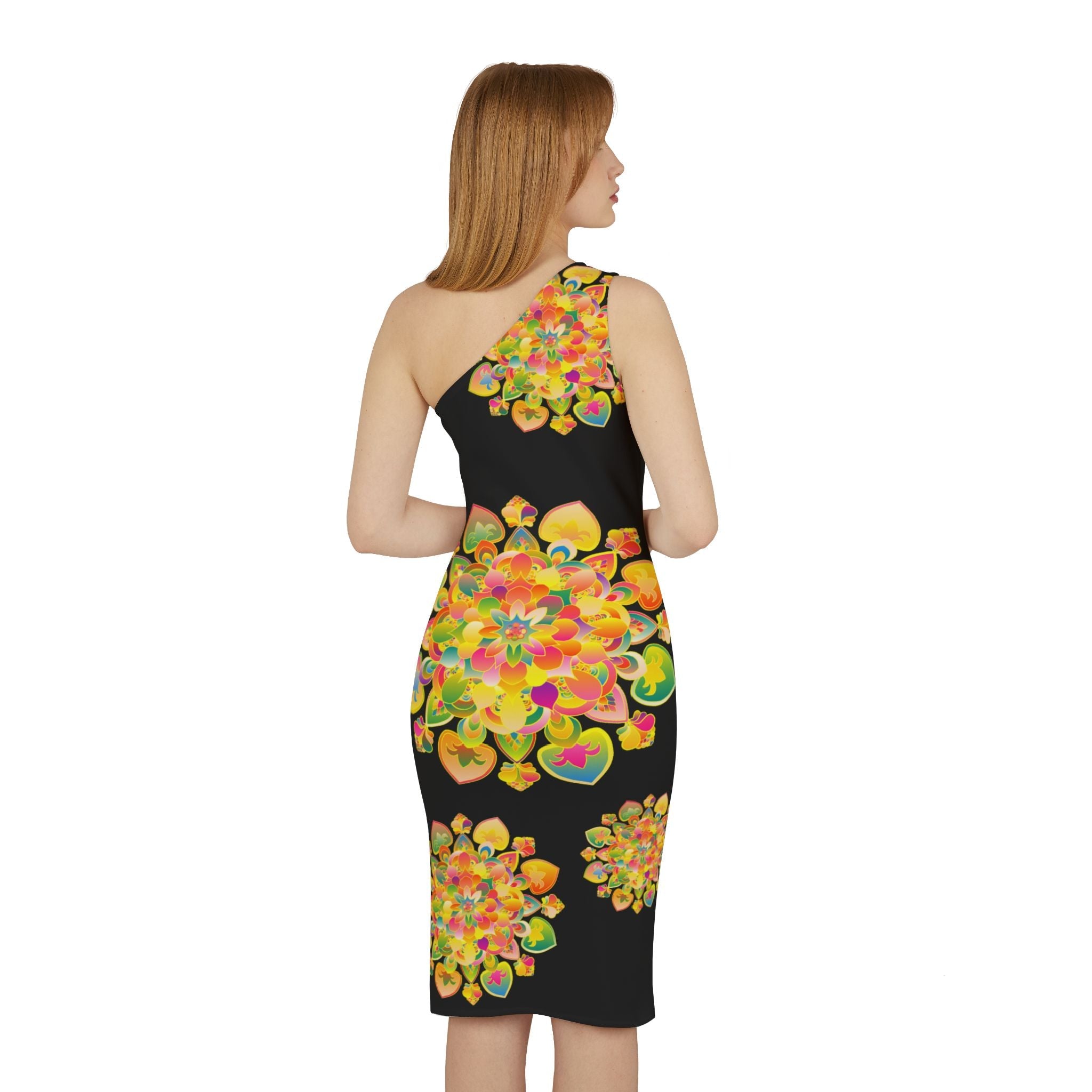 One - Shoulder Dress with Hand - Drawn Mandala Design – Black with Orange, Green, and Gold Accents - Blululi All Over Prints - Blululi