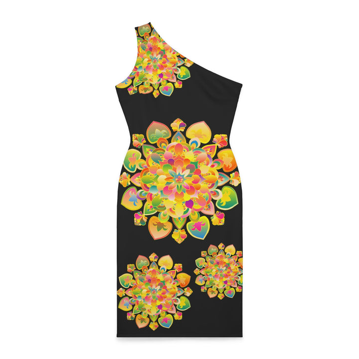 One - Shoulder Dress with Hand - Drawn Mandala Design – Black with Orange, Green, and Gold Accents - Blululi All Over Prints - Blululi