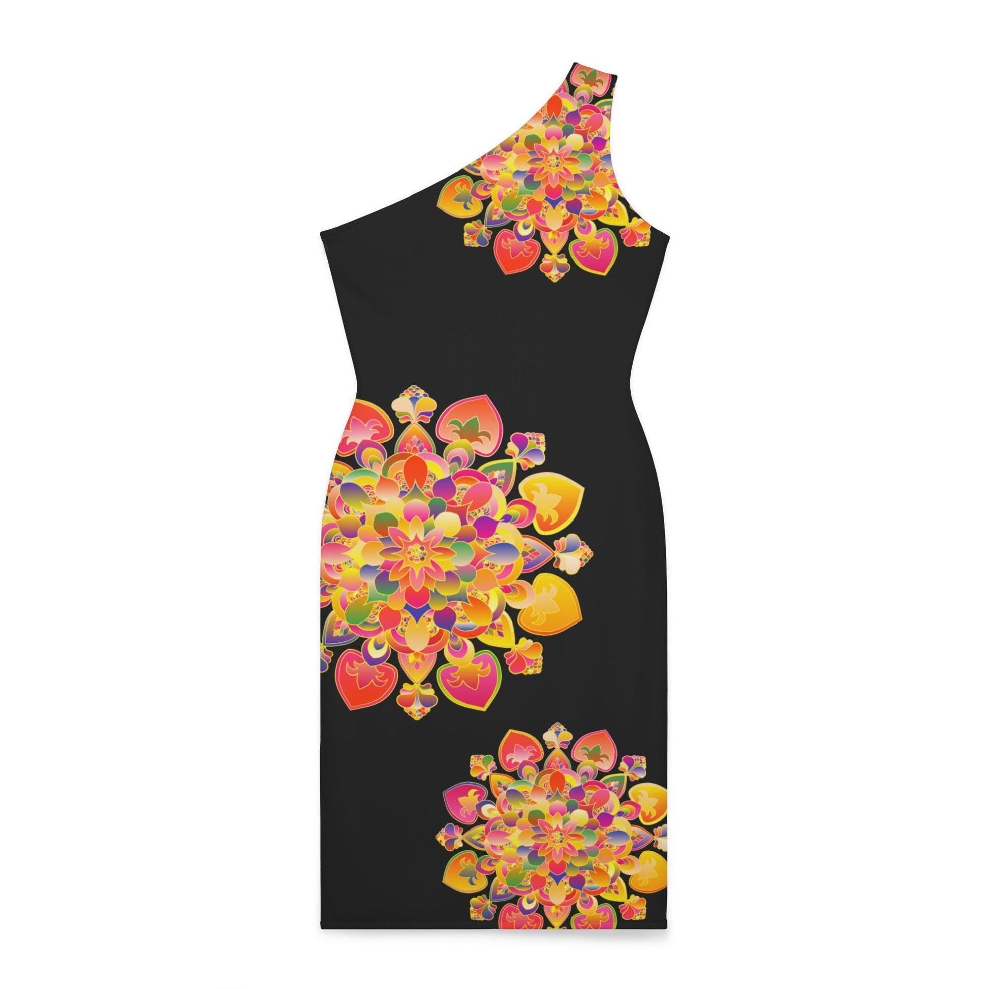 One - Shoulder Dress with Hand - Drawn Mandala Design – Black with Orange, Red, and Gold Accents - All Over Prints - Blululi All Over Prints - Blululi