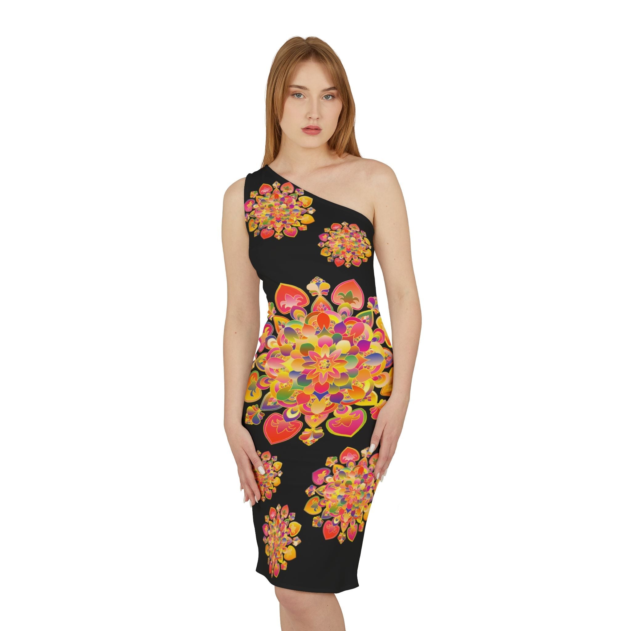 One - Shoulder Dress with Hand - Drawn Mandala Design – Black with Orange, Red, and Gold Accents - All Over Prints - Blululi All Over Prints - Blululi