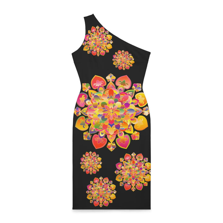 One - Shoulder Dress with Hand - Drawn Mandala Design – Black with Orange, Red, and Gold Accents - All Over Prints - Blululi All Over Prints - Blululi