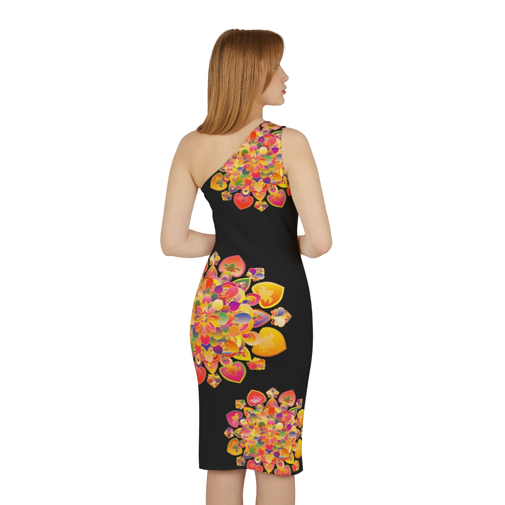 One - Shoulder Dress with Hand - Drawn Mandala Design – Black with Orange, Red, and Gold Accents - All Over Prints - Blululi All Over Prints - Blululi