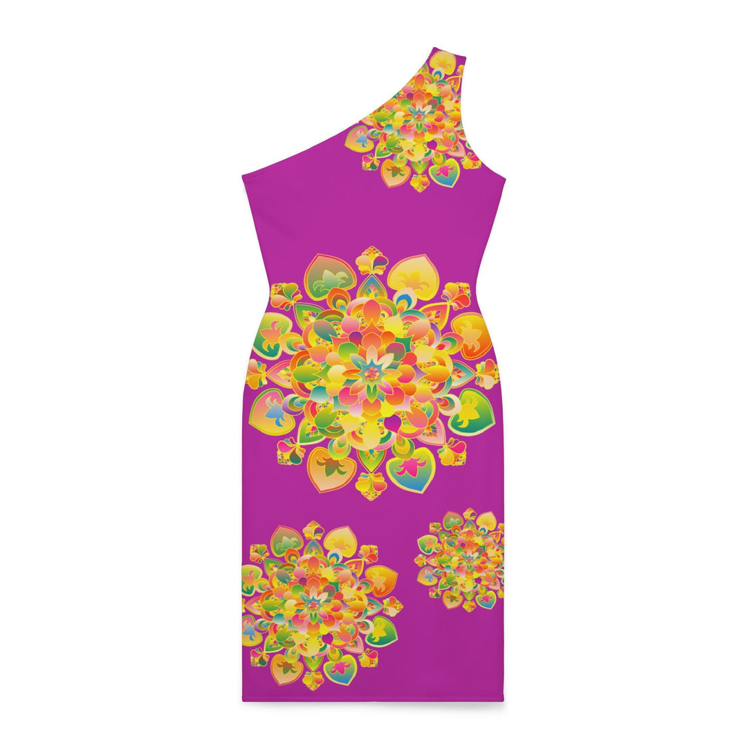 One - Shoulder Dress with Hand - Drawn Mandala Design – Fucsia with Orange, Green, and Gold Accents - Blululi All Over Prints - Blululi