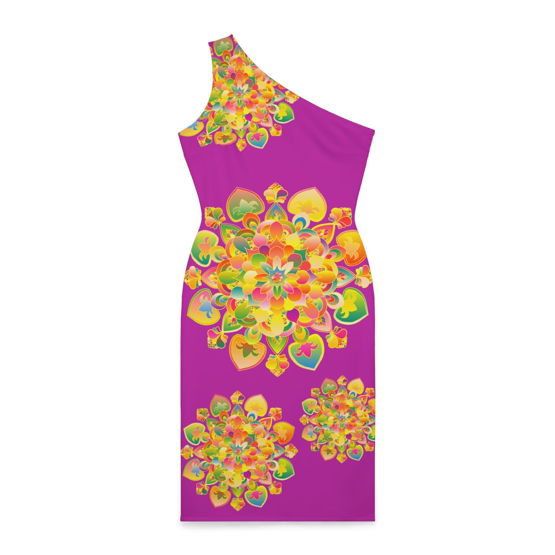 One - Shoulder Dress with Hand - Drawn Mandala Design – Fucsia with Orange, Green, and Gold Accents - Blululi All Over Prints - Blululi