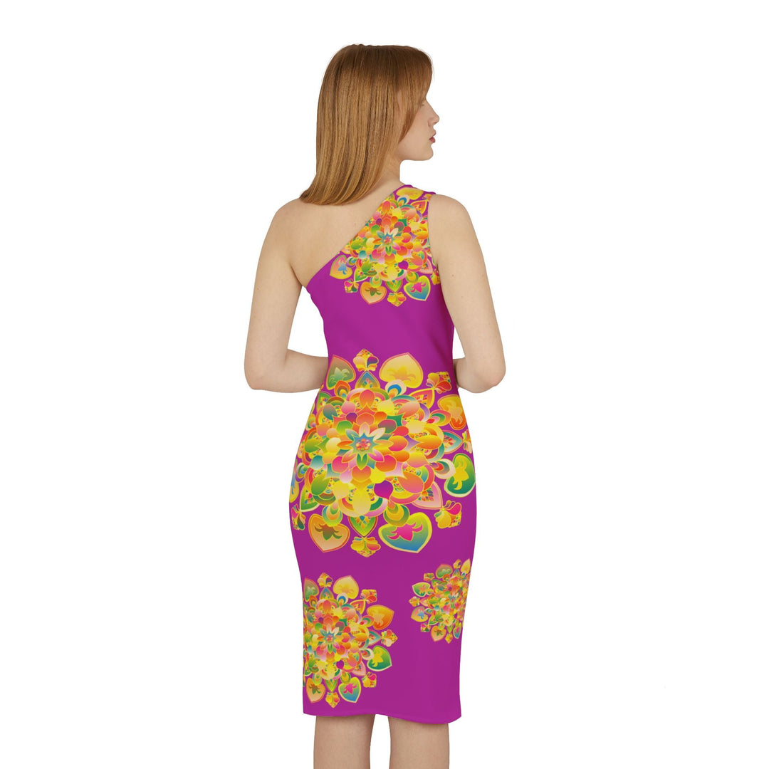 One - Shoulder Dress with Hand - Drawn Mandala Design – Fucsia with Orange, Green, and Gold Accents - Blululi All Over Prints - Blululi