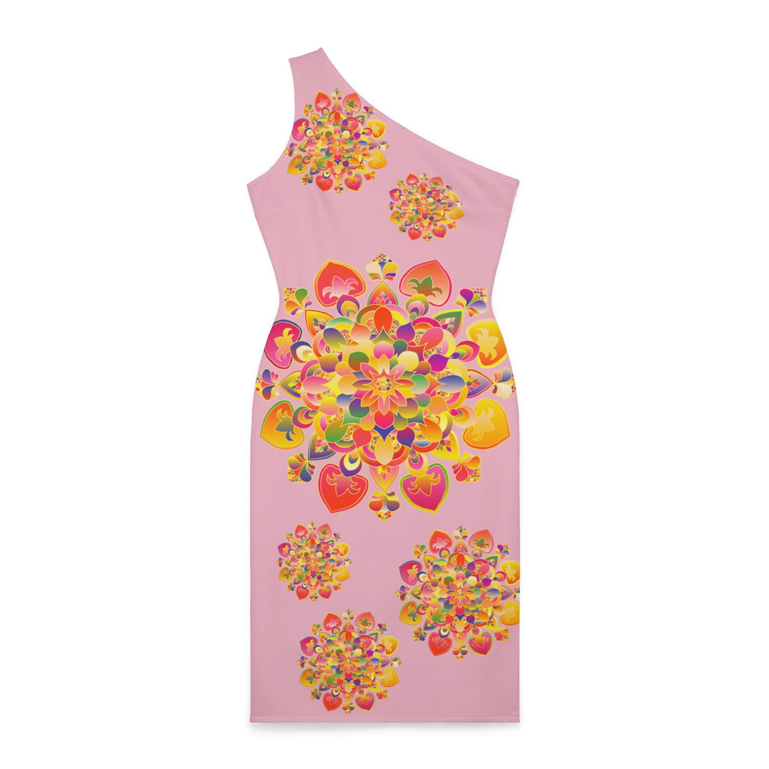 One - Shoulder Dress with Hand - Drawn Mandala Design – Light Pink with Orange, Red, and Gold Accents - Blululi All Over Prints - Blululi