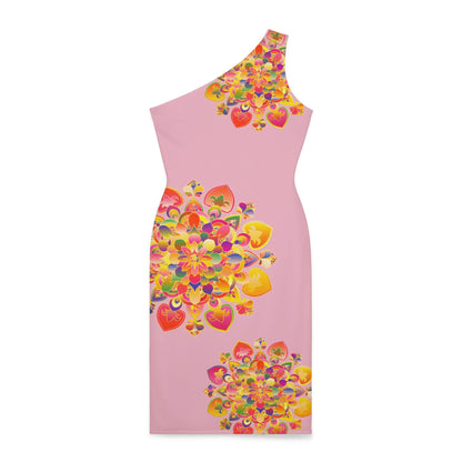 One - Shoulder Dress with Hand - Drawn Mandala Design – Light Pink with Orange, Red, and Gold Accents - Blululi All Over Prints - Blululi