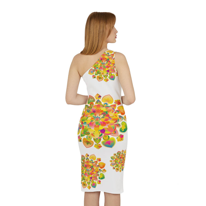 One - Shoulder Dress with Hand - Drawn Mandala Design – White with Orange, Green, and Gold Accents - All Over Prints All Over Prints - Blululi