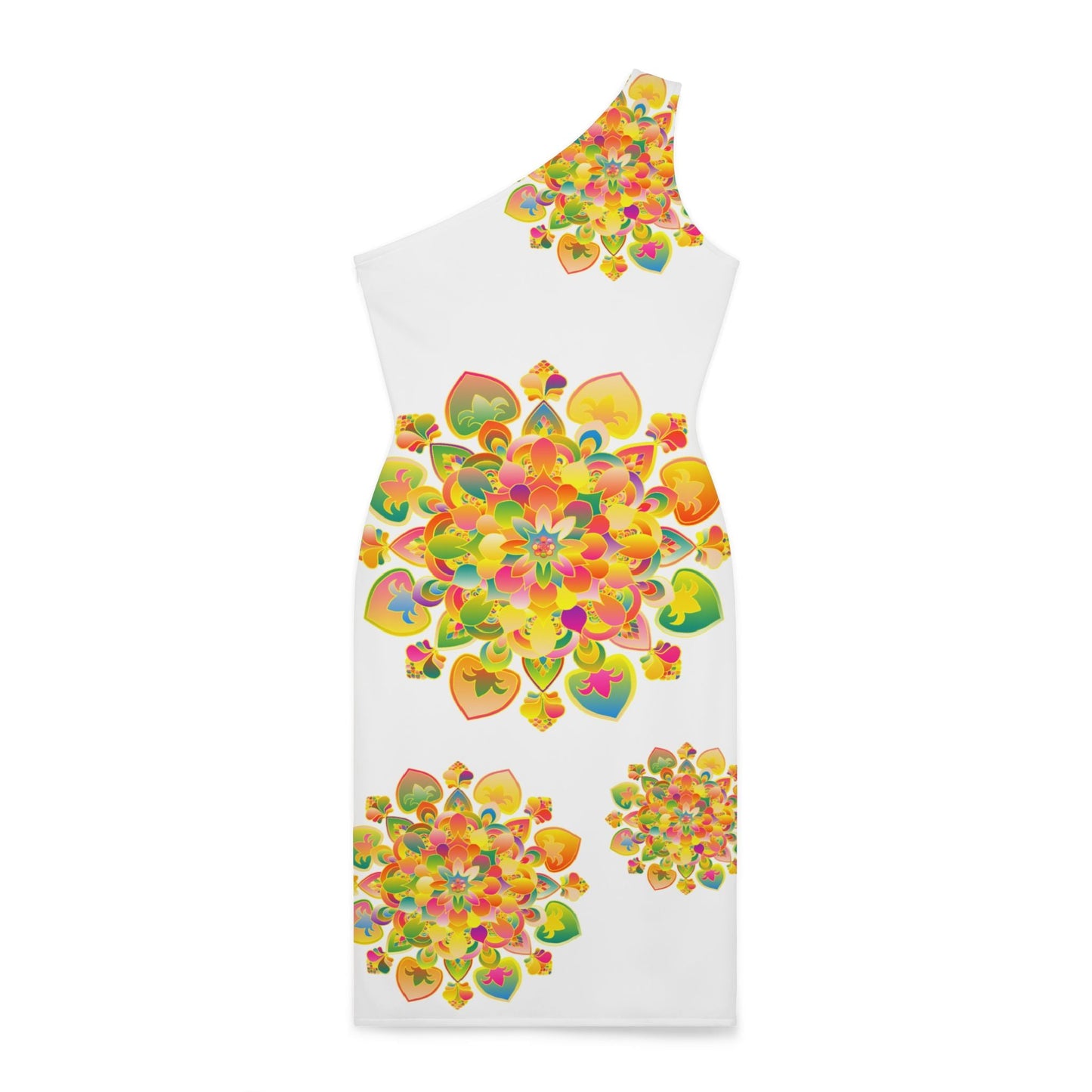 One - Shoulder Dress with Hand - Drawn Mandala Design – White with Orange, Green, and Gold Accents - All Over Prints All Over Prints - Blululi