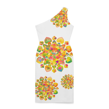 One - Shoulder Dress with Hand - Drawn Mandala Design – White with Orange, Green, and Gold Accents - All Over Prints All Over Prints - Blululi