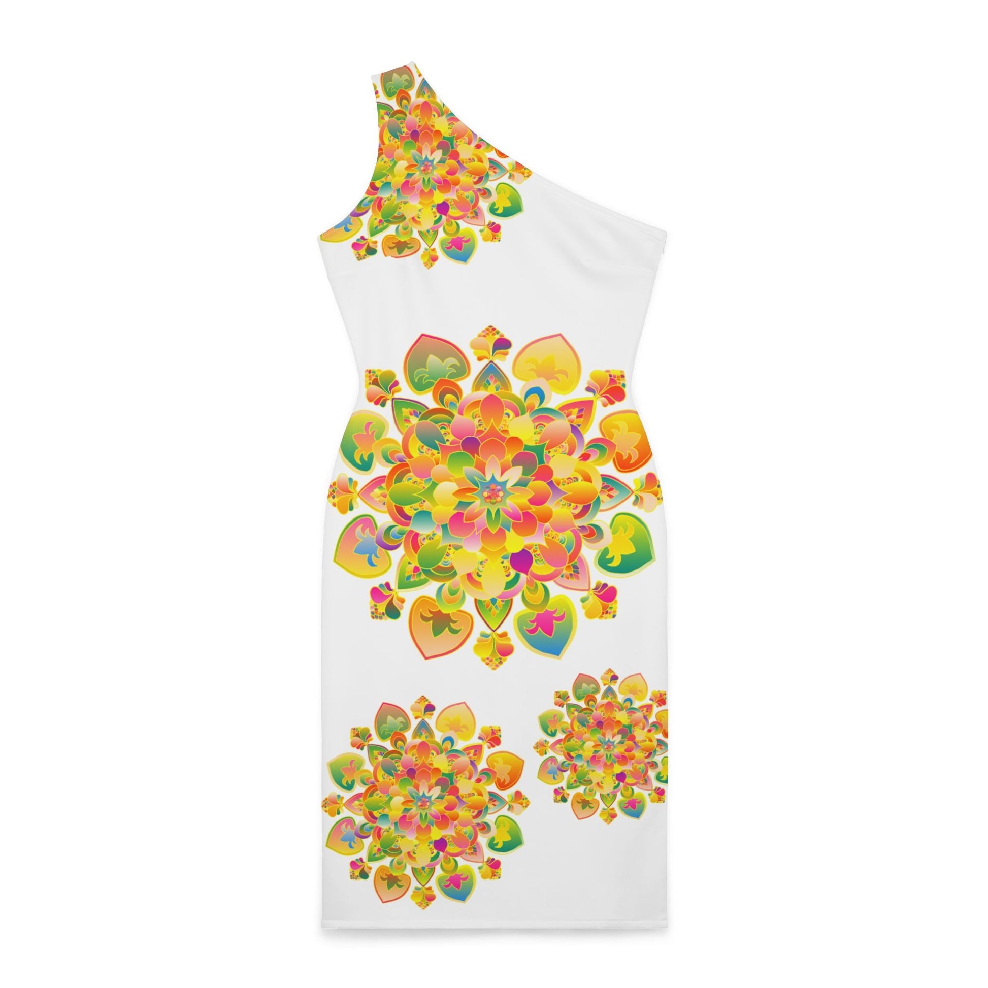 One - Shoulder Dress with Hand - Drawn Mandala Design – White with Orange, Green, and Gold Accents - All Over Prints All Over Prints - Blululi