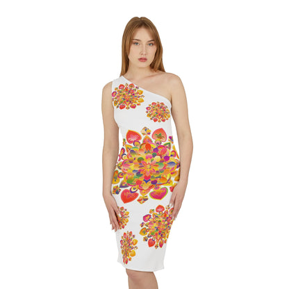 One - Shoulder Dress with Hand - Drawn Mandala Design – White with Orange, Red, and Gold Accents - Blululi All Over Prints - Blululi