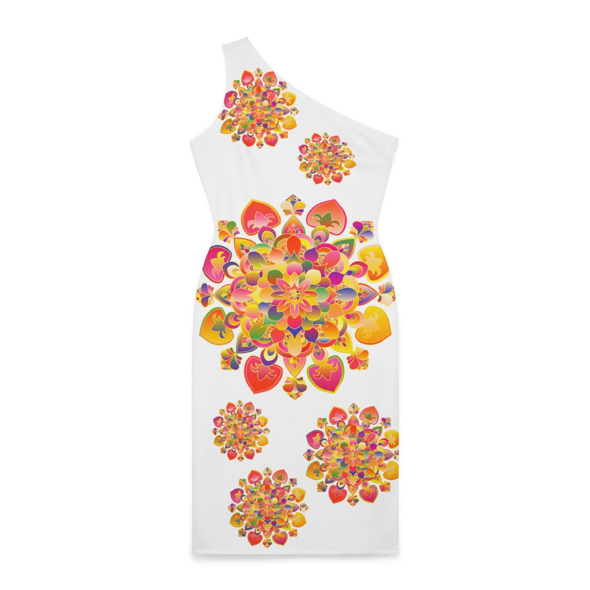 One - Shoulder Dress with Hand - Drawn Mandala Design – White with Orange, Red, and Gold Accents - Blululi All Over Prints - Blululi